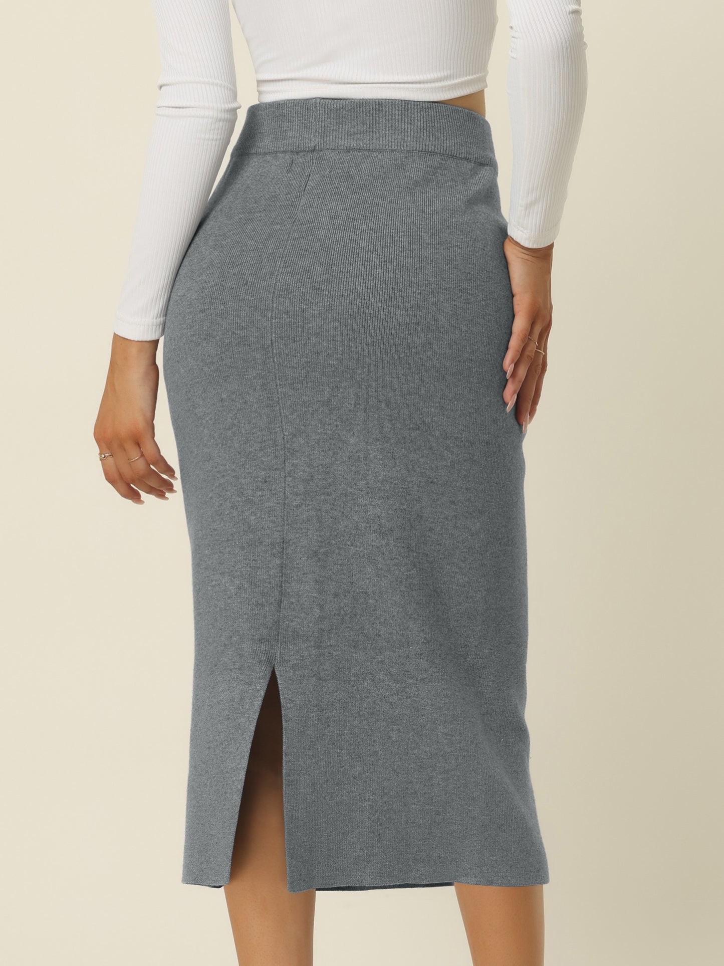 Women's Ribbed Knit Skirt Elastic Waist Slit Hem Stretchy Bodycon Skirts