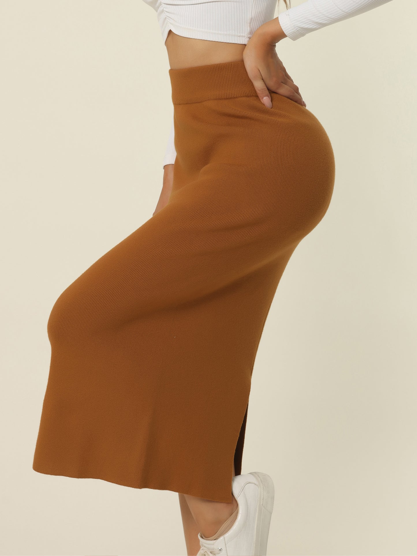 Women's Ribbed Knit Skirt Elastic Waist Slit Hem Stretchy Bodycon Skirts