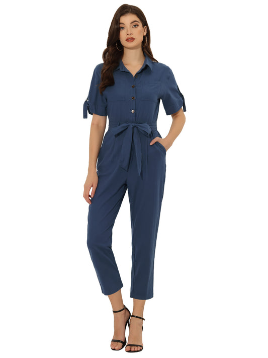 Women's Short Sleeve Collared Cropped Coverall  Button Down Tie Waist Cotton Cargo Jumpsuit