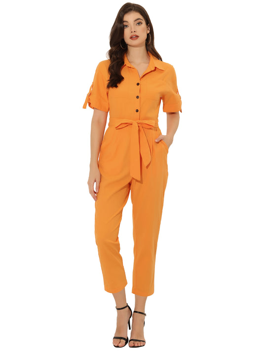 Women's Short Sleeve Collared Cropped Coverall  Button Down Tie Waist Cotton Cargo Jumpsuit