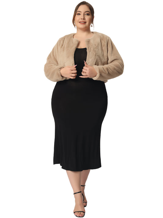 Chaqueta de invierno de piel sintética corta y abierta con parte delantera y esponjosa para mujer, talla grande