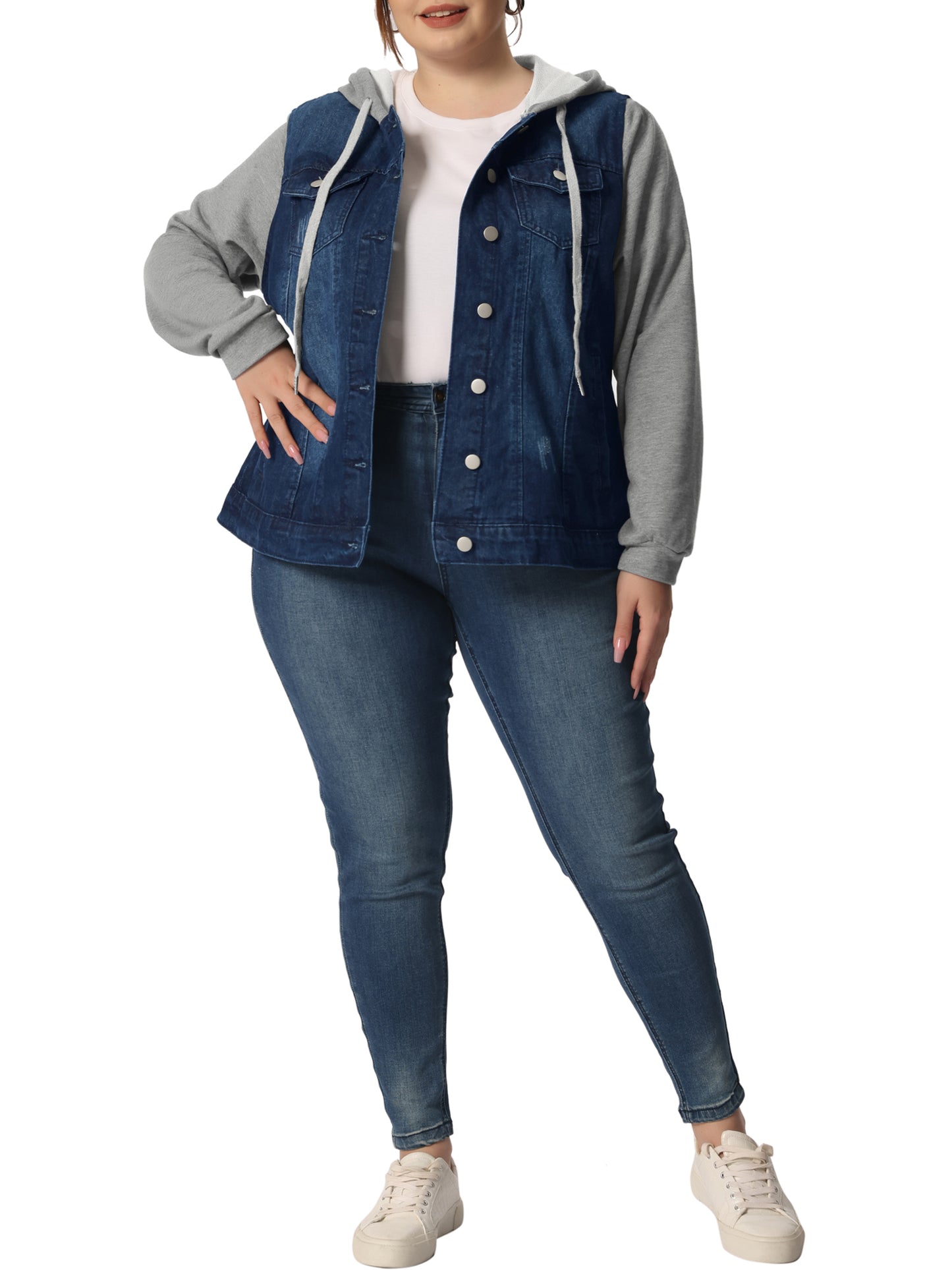 Women's Plus Size Denim Jacket with Hood Long Sleeve Western Outfit Casual Hoodie Jean Jackets