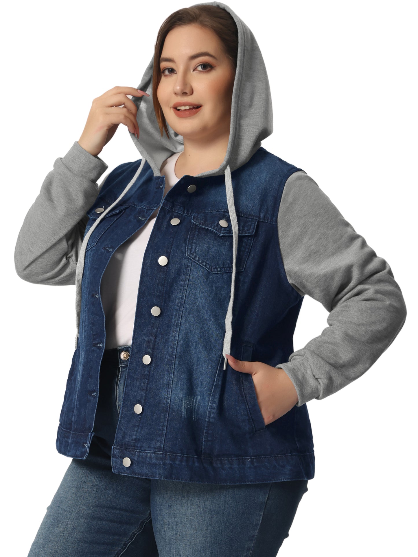 Women's Plus Size Denim Jacket with Hood Long Sleeve Western Outfit Casual Hoodie Jean Jackets
