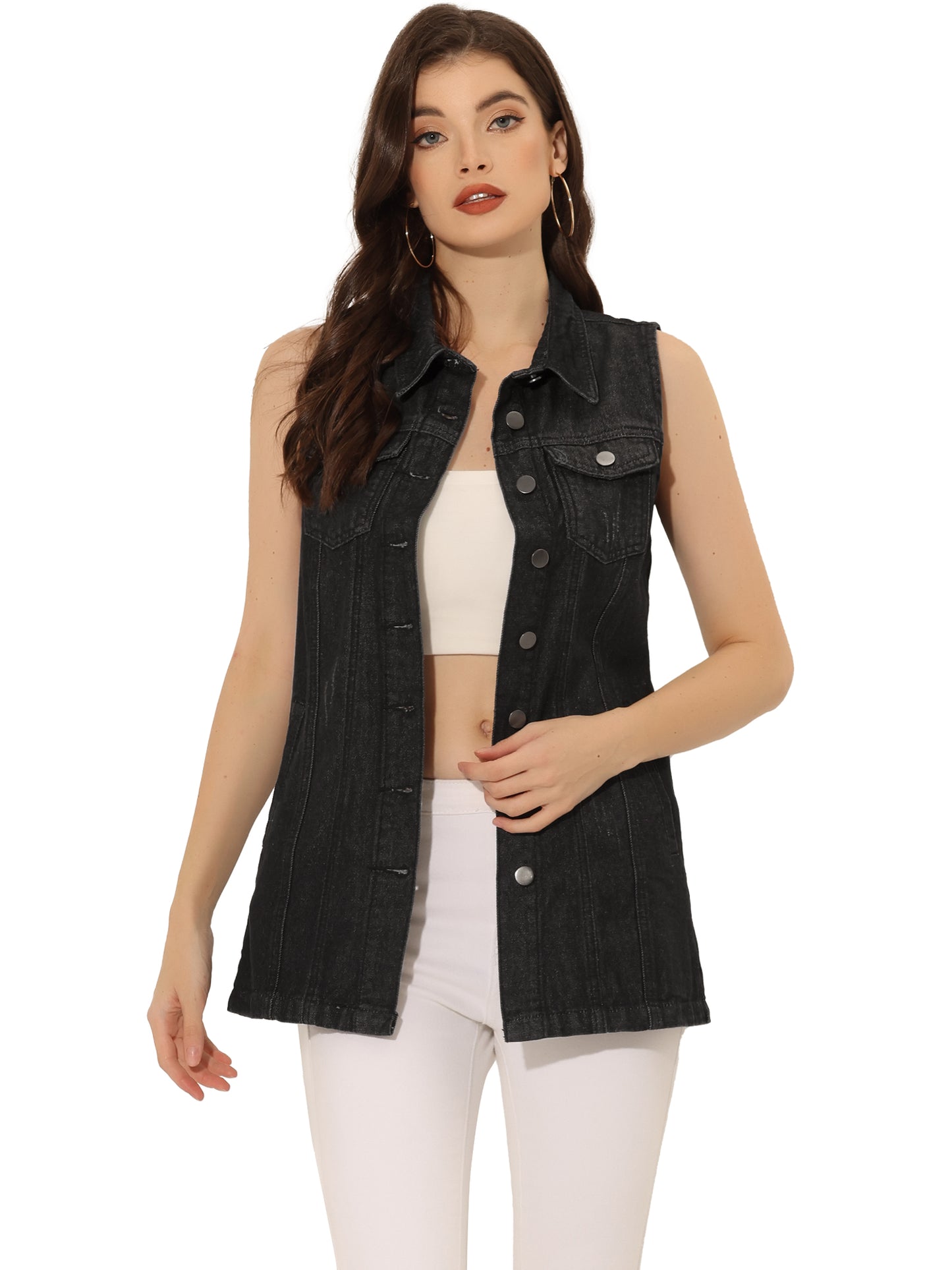 Women's Sleeveless Button Down Waistcoat Casual Long Denim Vest (Available in Plus Size)