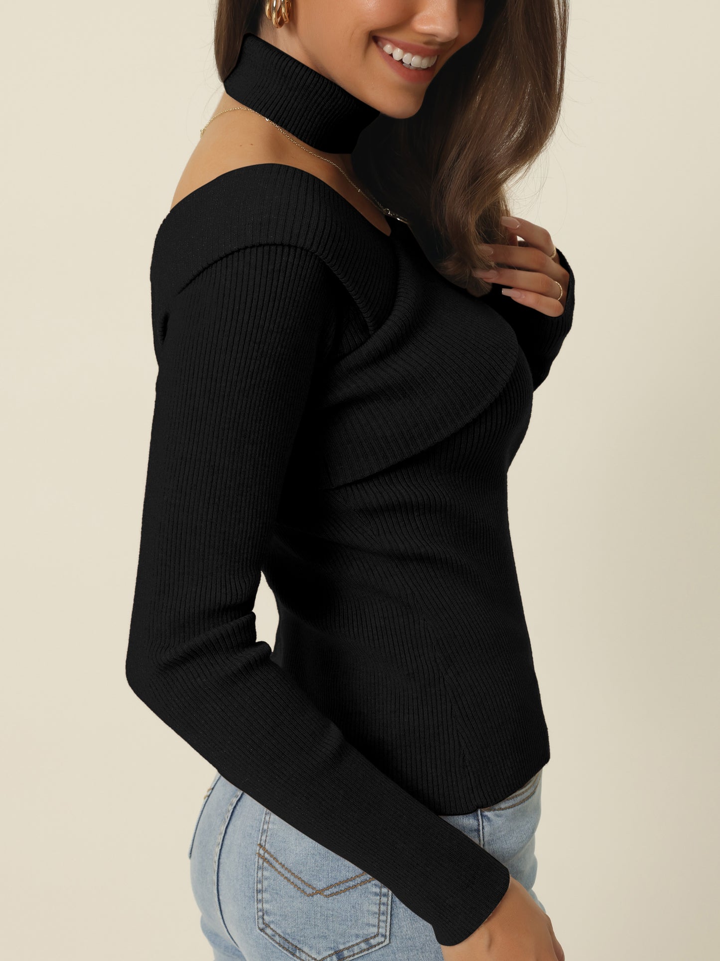 Suéter de mujer con hombros descubiertos, jersey de punto acanalado de manga larga, jersey liso