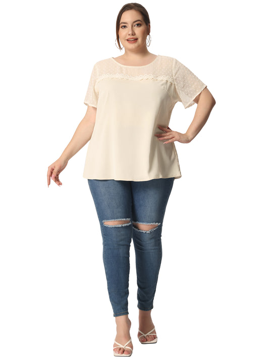 Women's Plus Size Round Neck Short Sleeves Polka Dots Lace Panel Summer Blouse