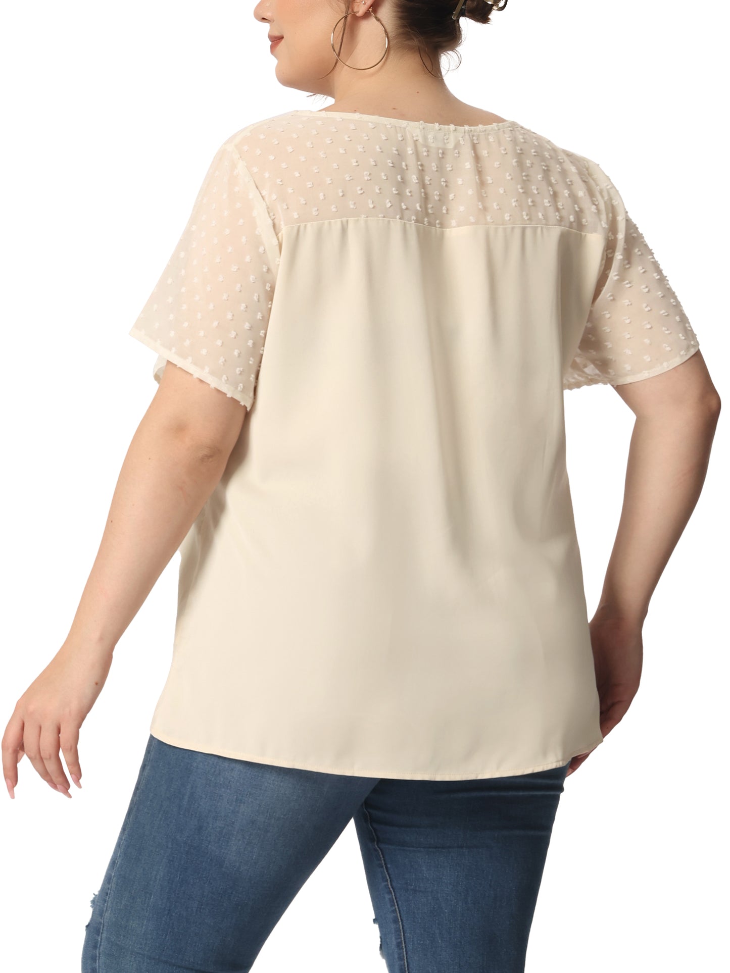 Women's Plus Size Round Neck Short Sleeves Polka Dots Lace Panel Summer Blouse