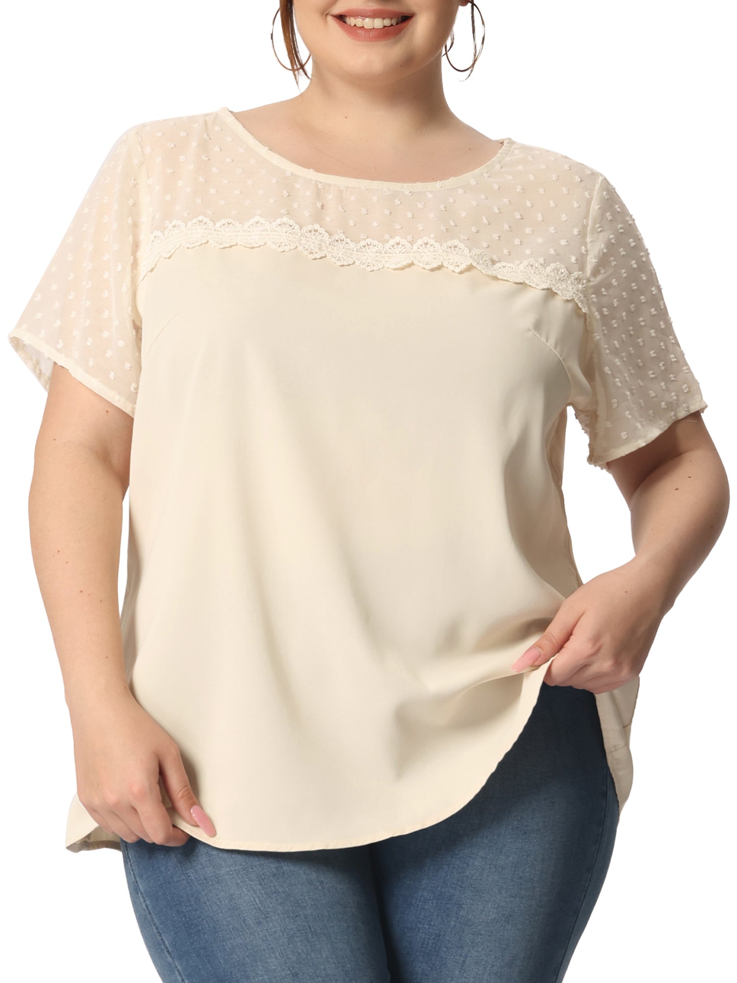 Women's Plus Size Round Neck Short Sleeves Polka Dots Lace Panel Summer Blouse