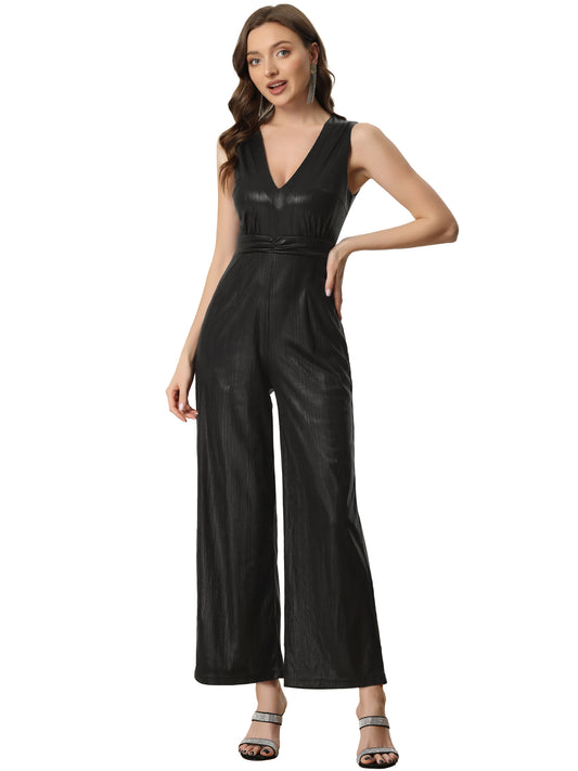 Women's Sequin Jumpsuit V Neck Glitter Sparkly Metallic Jumpsuit