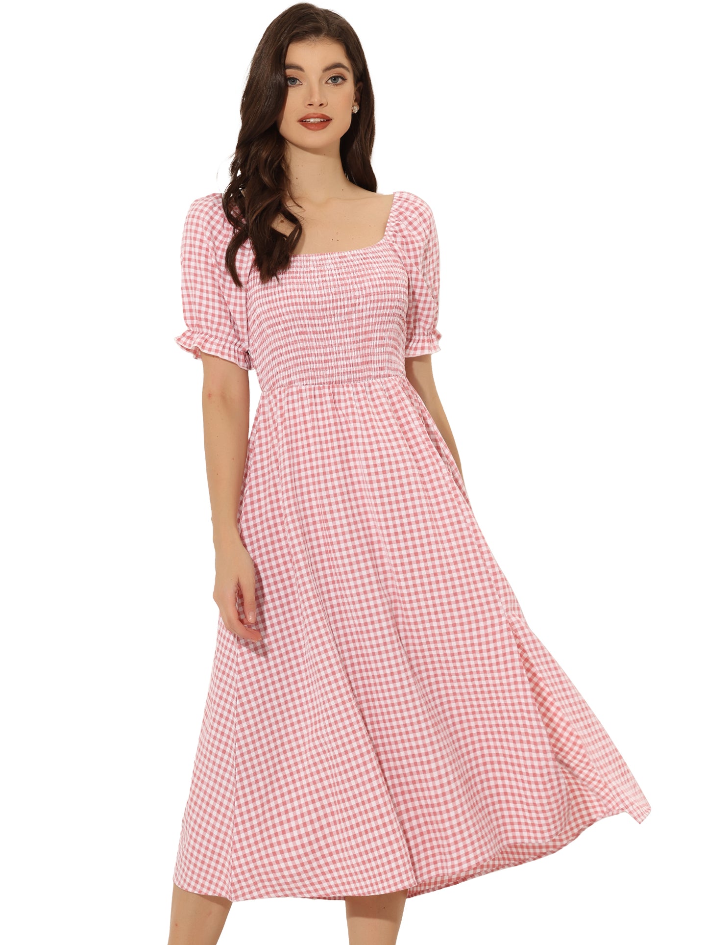 Women's Gingham Dress Peasant Smocked Puff Sleeve Checkered Fit and Flare Midi Dresses