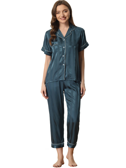 Conjunto de pijama de satén con botones y manga corta a rayas para mujer, pantalón largo y sedoso