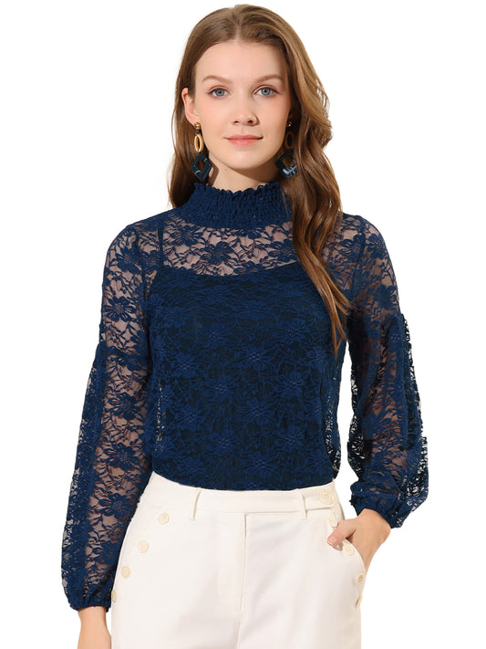 Women's Floral Lace Turtleneck Puff Long Sleeve See Through Sheer Blouse