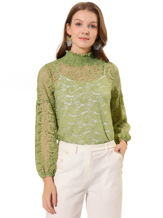 Women's Floral Lace Turtleneck Puff Long Sleeve See Through Sheer Blouse