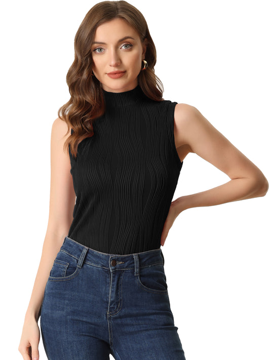 Women's Sleeveless Fitted Top Mock Neck Textured Ribbed Knit Tank Tops