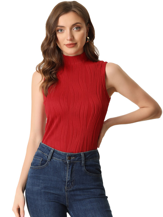Women's Sleeveless Fitted Top Mock Neck Textured Ribbed Knit Tank Tops