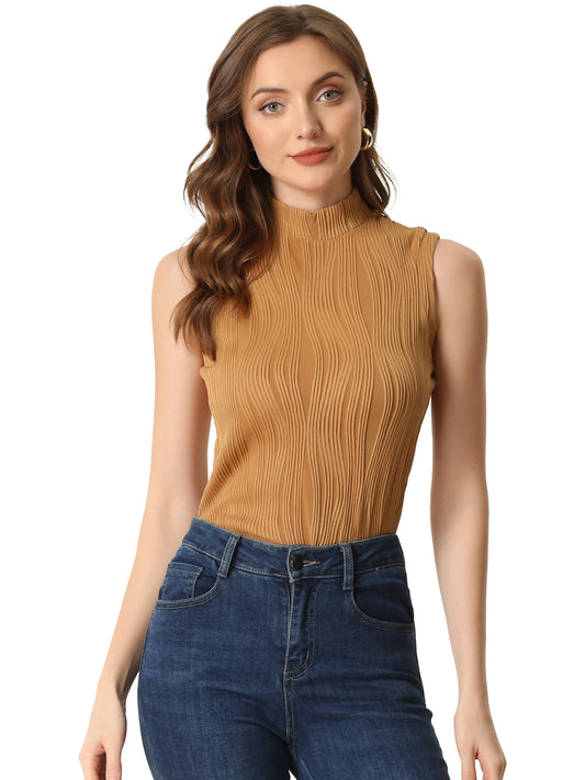 Women's Sleeveless Fitted Top Mock Neck Textured Ribbed Knit Tank Tops