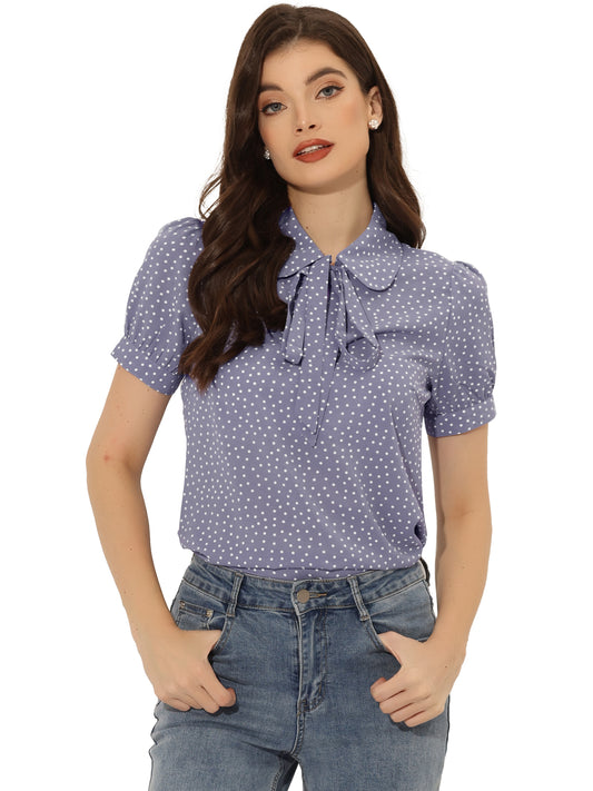 Women's Retro Printed Bow Tie Peter Pan Collar Chiffon Blouse Shirt