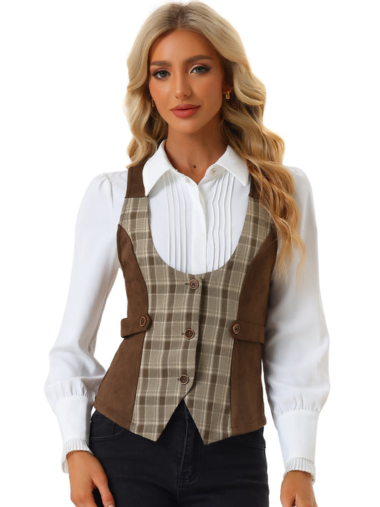 Women's Plaid Button Down Retro Faux Suede Panel Dressy Waistcoat Vest
