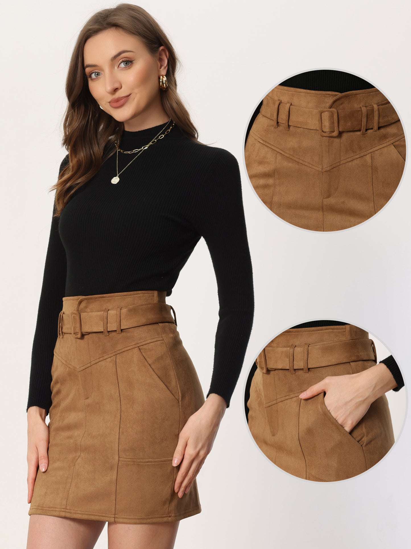 Women's Faux Suede Skirt High Waist Casual Belted Pencil Skirts