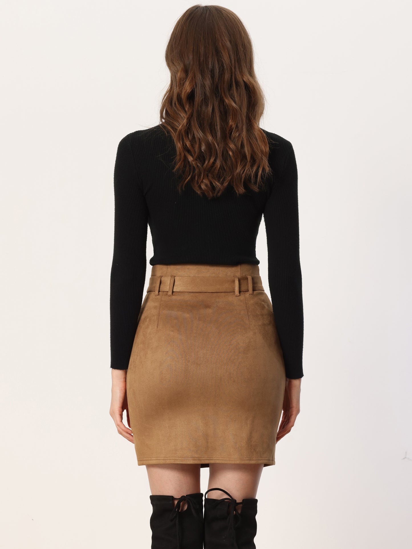Women's Faux Suede Skirt High Waist Casual Belted Pencil Skirts