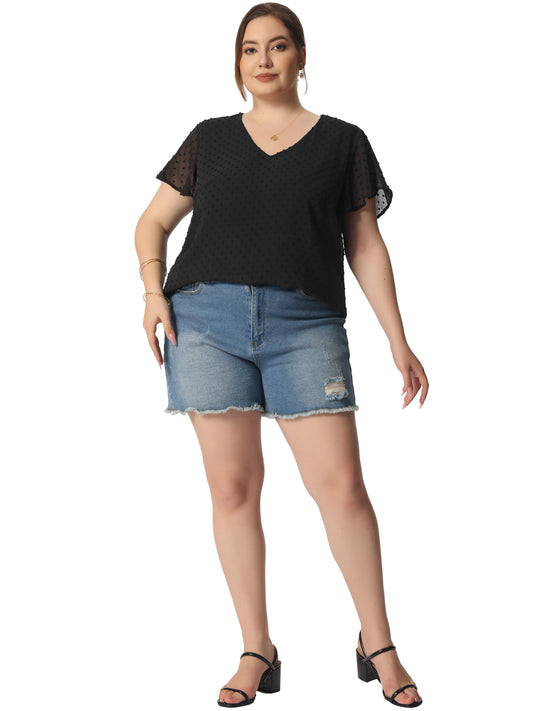 Women Plus Size Swiss Dots Blouse V Neck Summer Short Sleeve Casual Top