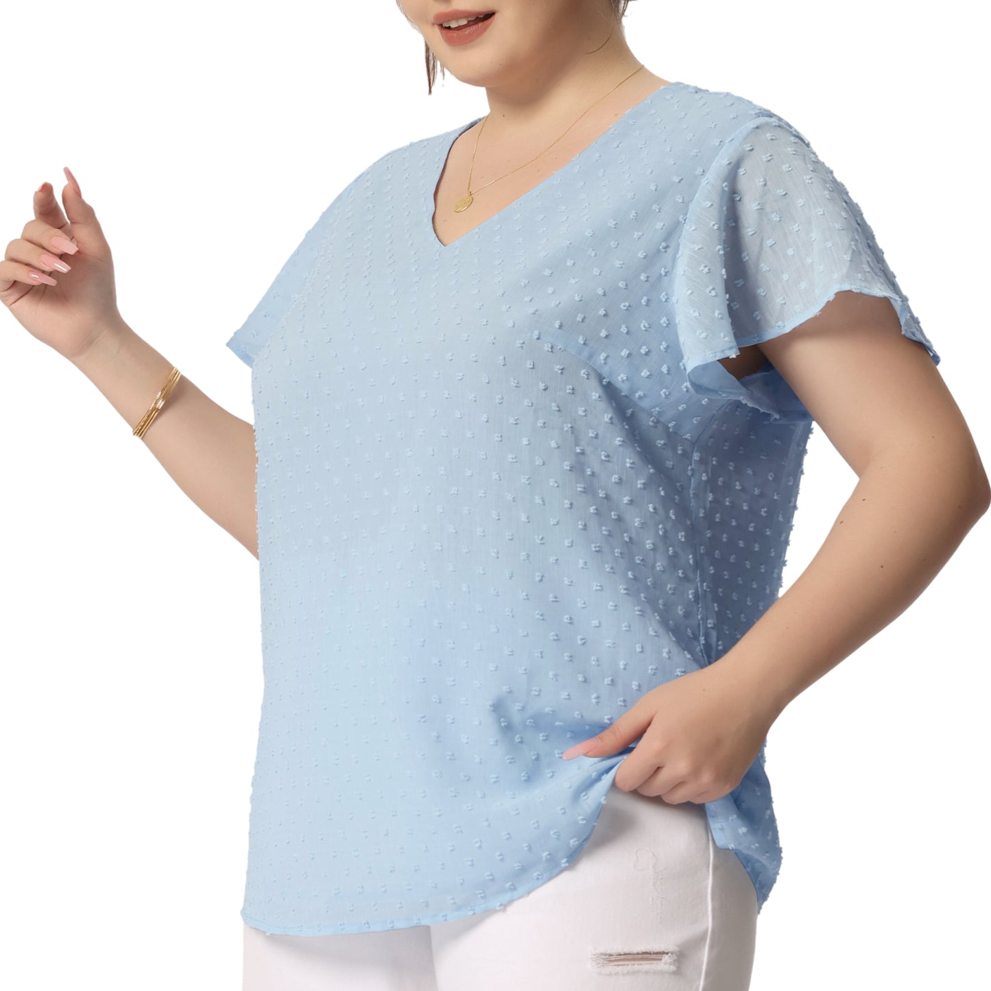 Women Plus Size Swiss Dots Blouse V Neck Summer Short Sleeve Casual Top