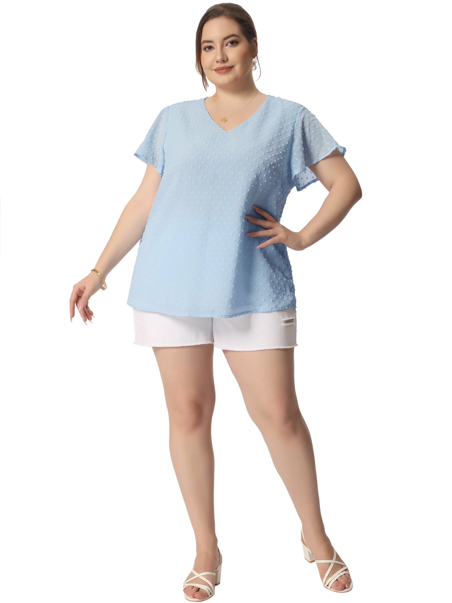 Women Plus Size Swiss Dots Blouse V Neck Summer Short Sleeve Casual Top
