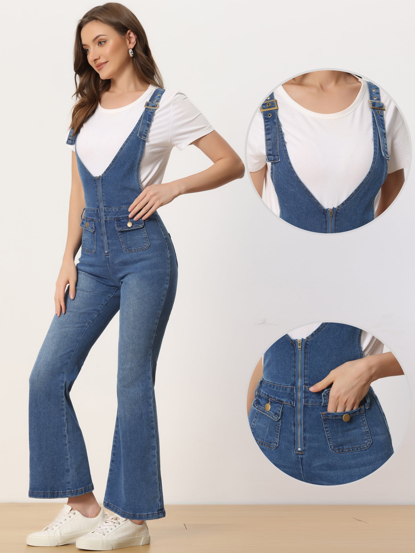 Women's Overalls Jeans Casual Adjustable Bib Bell Bottom Denim Pants Jumpsuits
