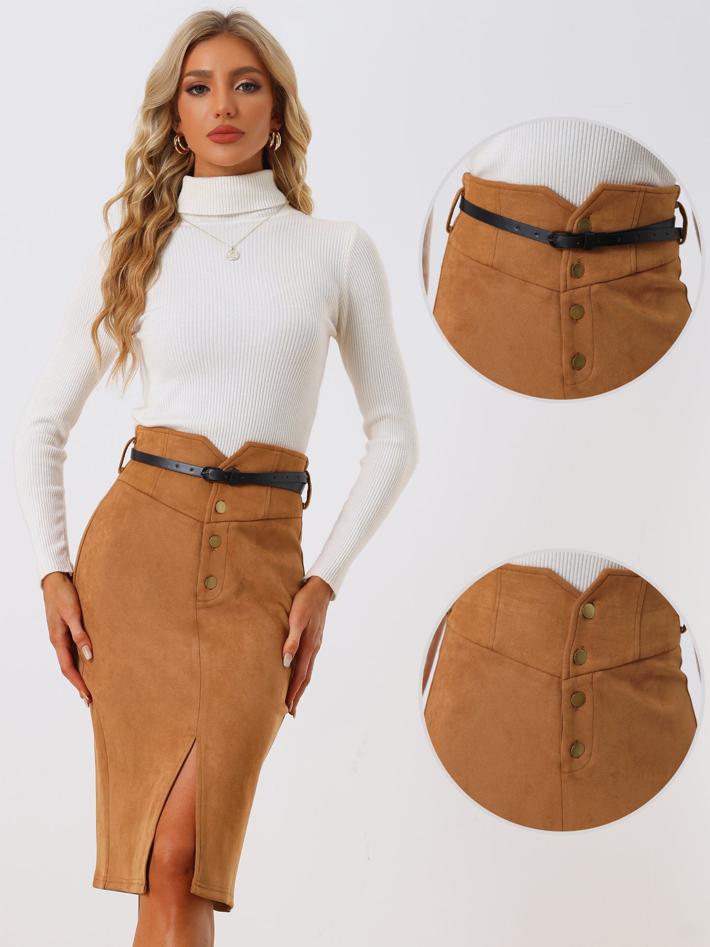 Women's Faux Suede Skirt High Rise Button Front A-line Slit Skirt
