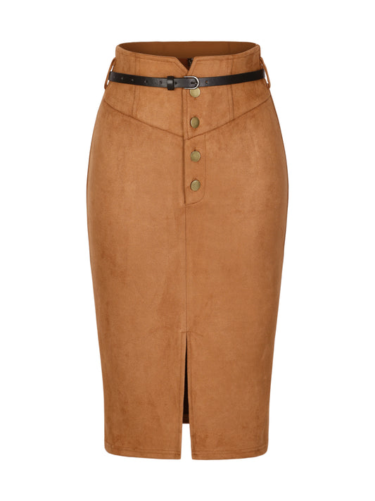Women's Faux Suede Skirt High Rise Button Front A-line Slit Skirt