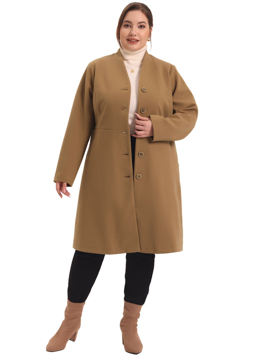 Women Plus Size Elegant Coats Winter Overcoat V Neck Single Breasted Long Coat with Pockets