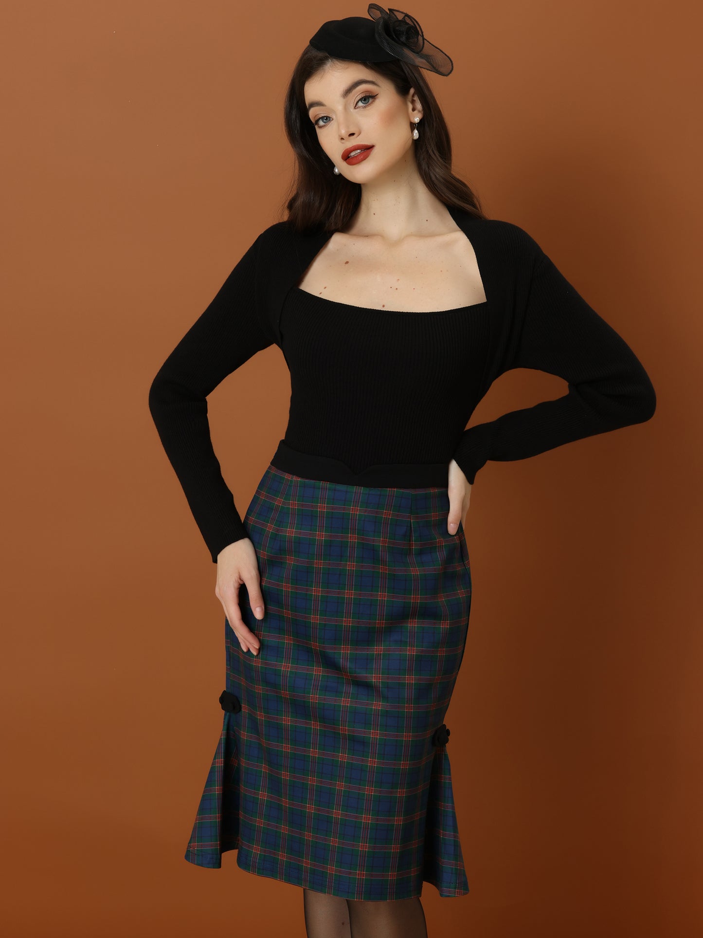 Women's Plaid Retro Elastic Waist Buckle Side Fishtail Mermaid Bodycon Pencil Skirt