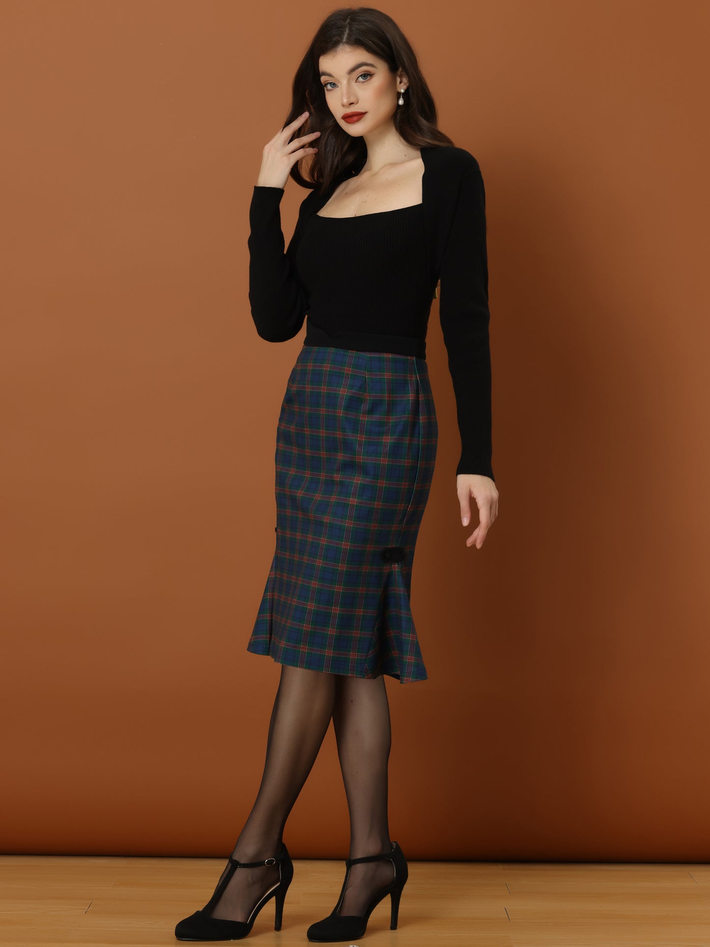 Women's Plaid Retro Elastic Waist Buckle Side Fishtail Mermaid Bodycon Pencil Skirt