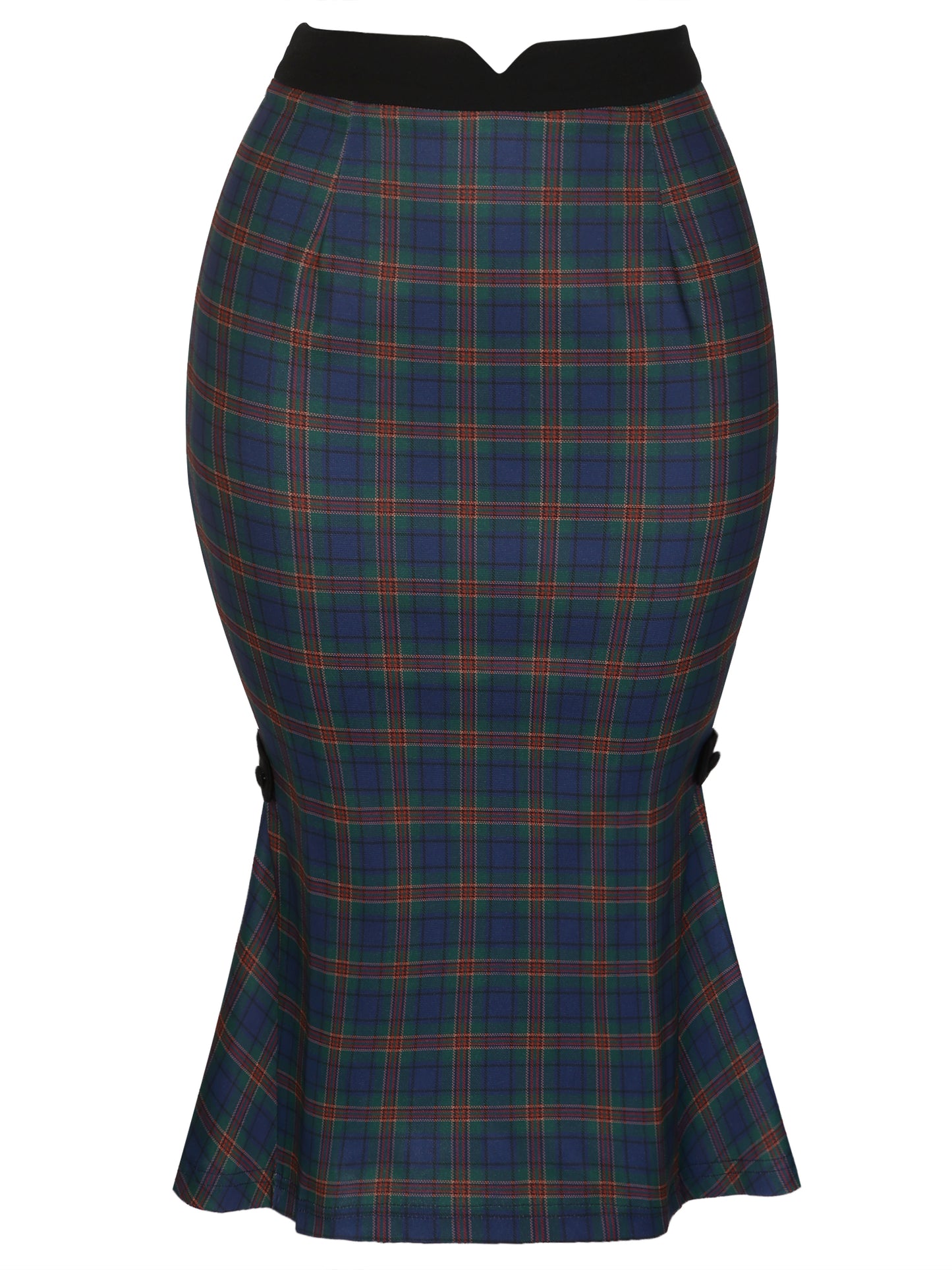Women's Plaid Retro Elastic Waist Buckle Side Fishtail Mermaid Bodycon Pencil Skirt