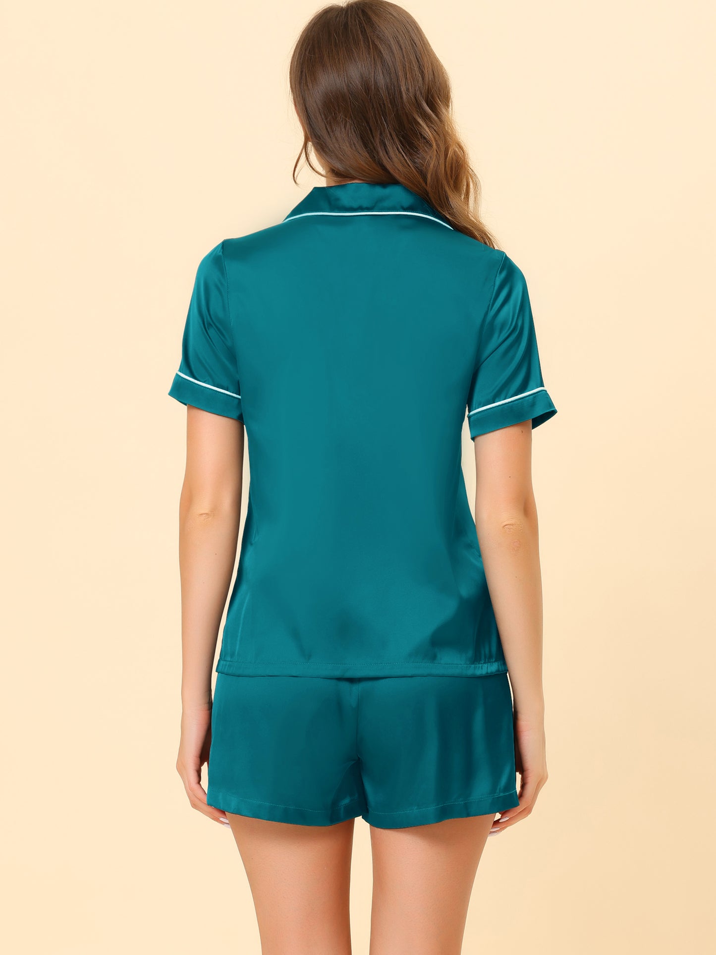 cheibear Pajama Loungewear Short Sleeves Button Down Satin Pj Sets Peacock Green