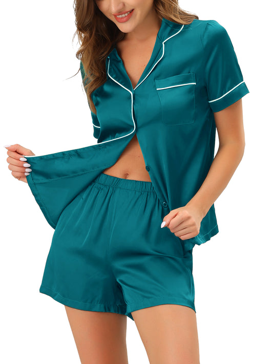 cheibear Pajama Loungewear Short Sleeves Button Down Satin Pj Sets Peacock Green