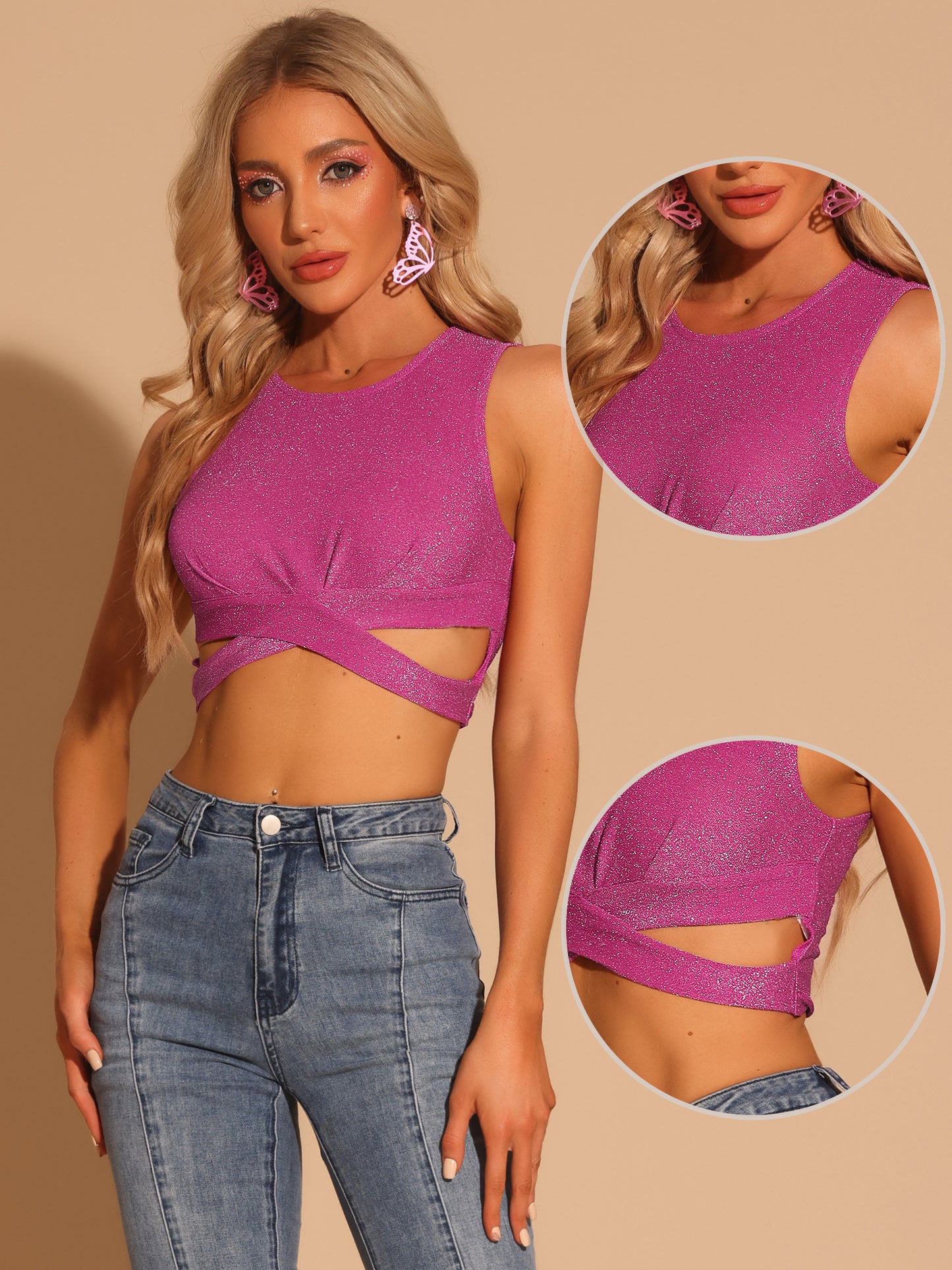 Women's Glitter Crop Top Sparkly Party Cutout Sleeveless Slim Fit Top