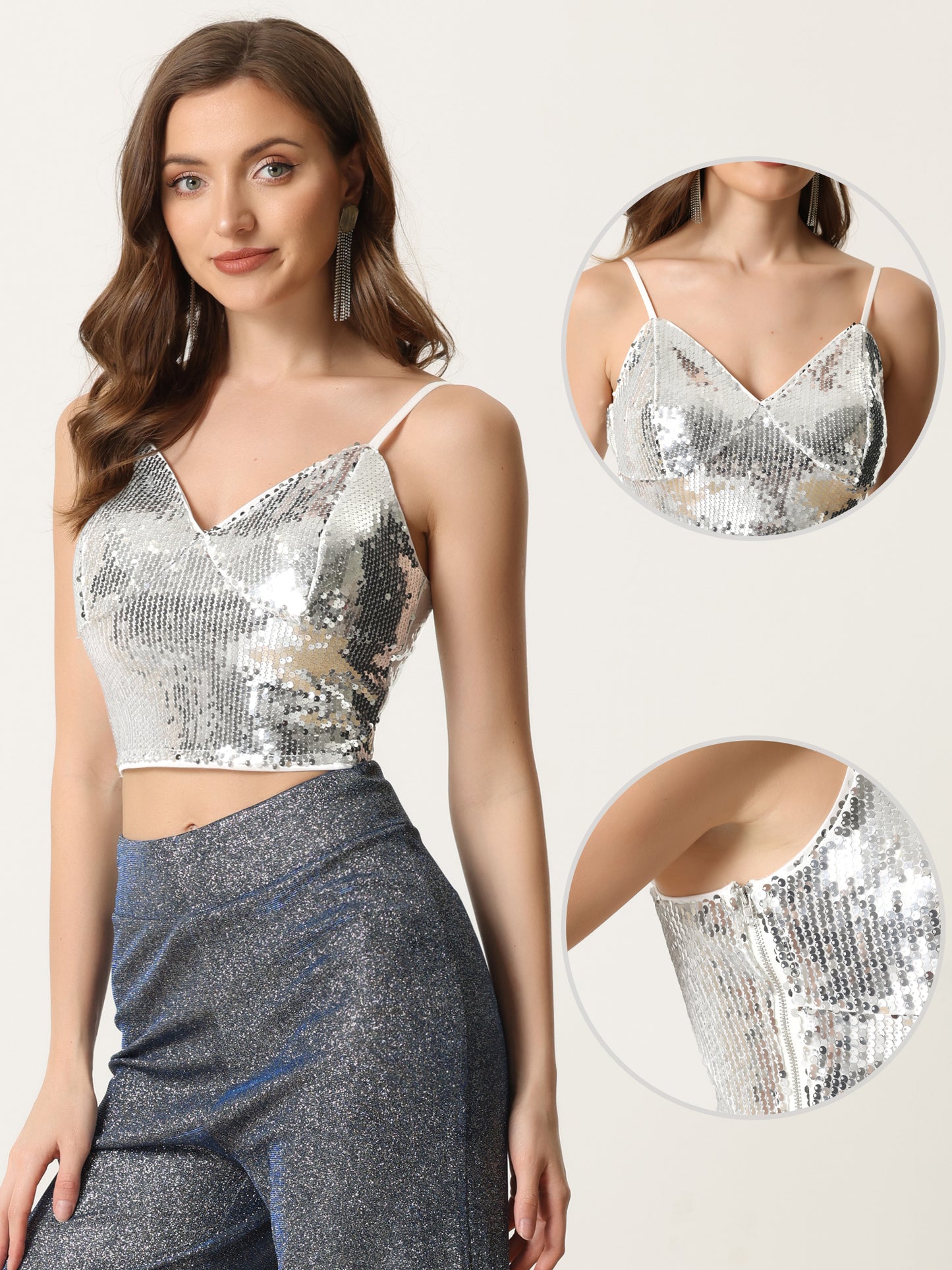 Women's Sequin Cami Top Spaghetti Strap Club Party Crop Tank Tops