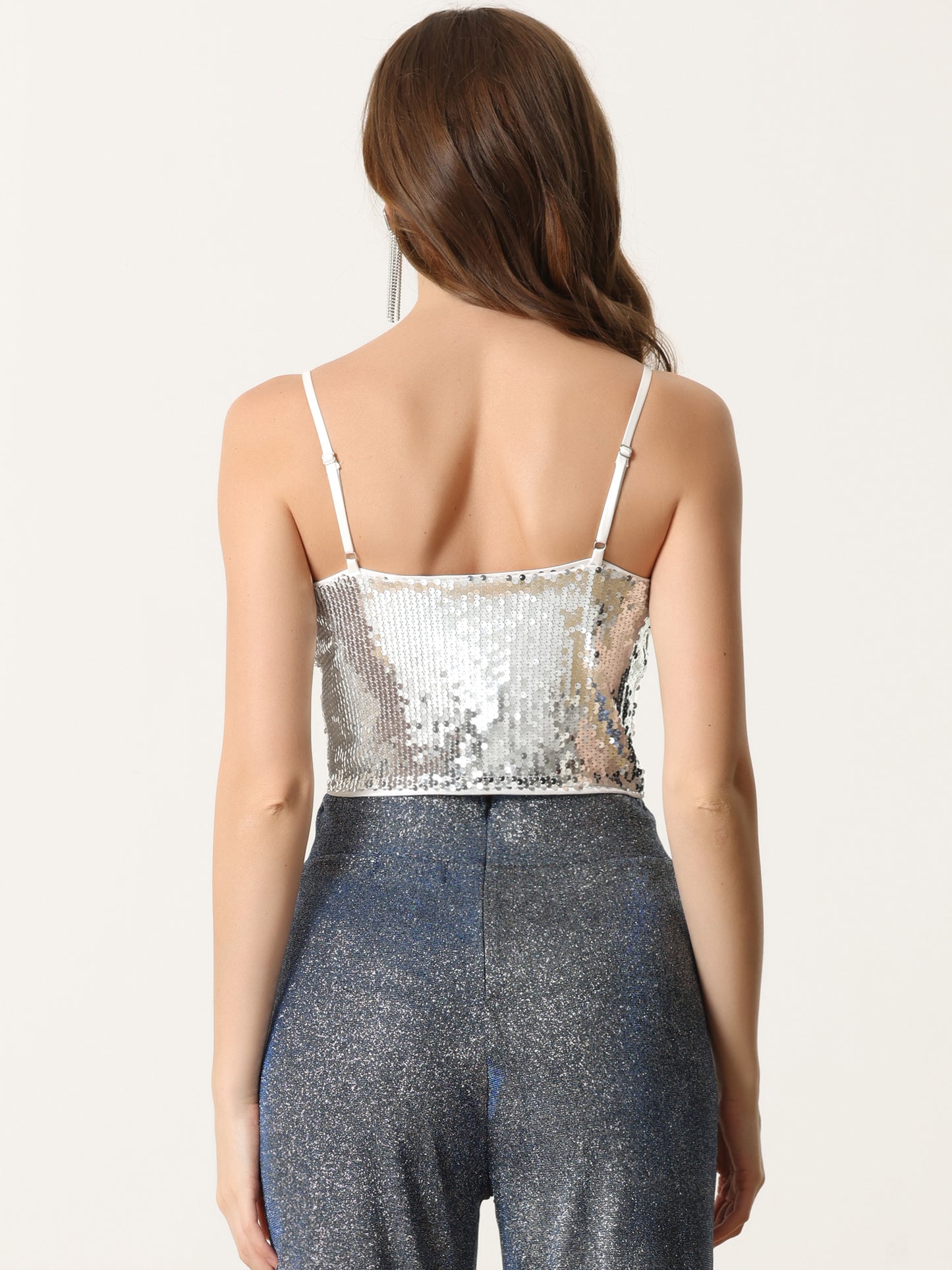 Women's Sequin Cami Top Spaghetti Strap Club Party Crop Tank Tops