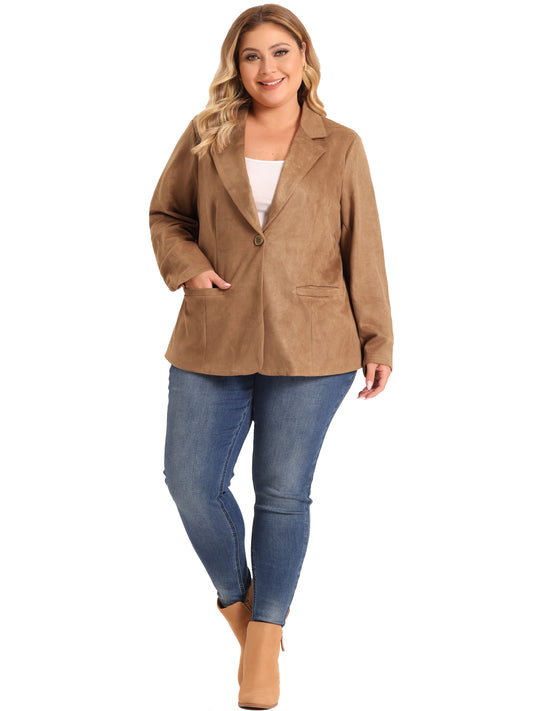 Women Plus Size Faux Suede Jacket Lapel Collar Button Front Long Sleeve Work Casual Blazer Jacket