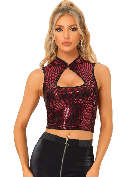 Women's Sleeveless Cut Out Front Crop Tank Top Slim Fitted Sequins Top