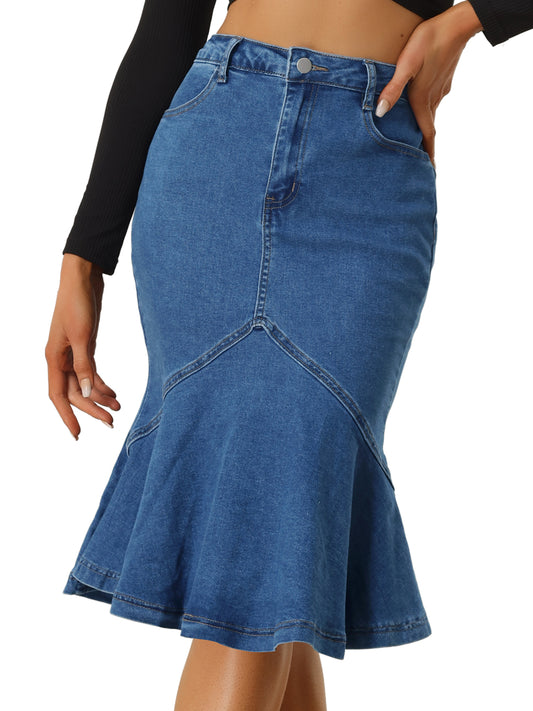 Women's Denim Jean Skirt High Waist Bodycon Ruffles Fishtail Skirt (Available in Plus Size)