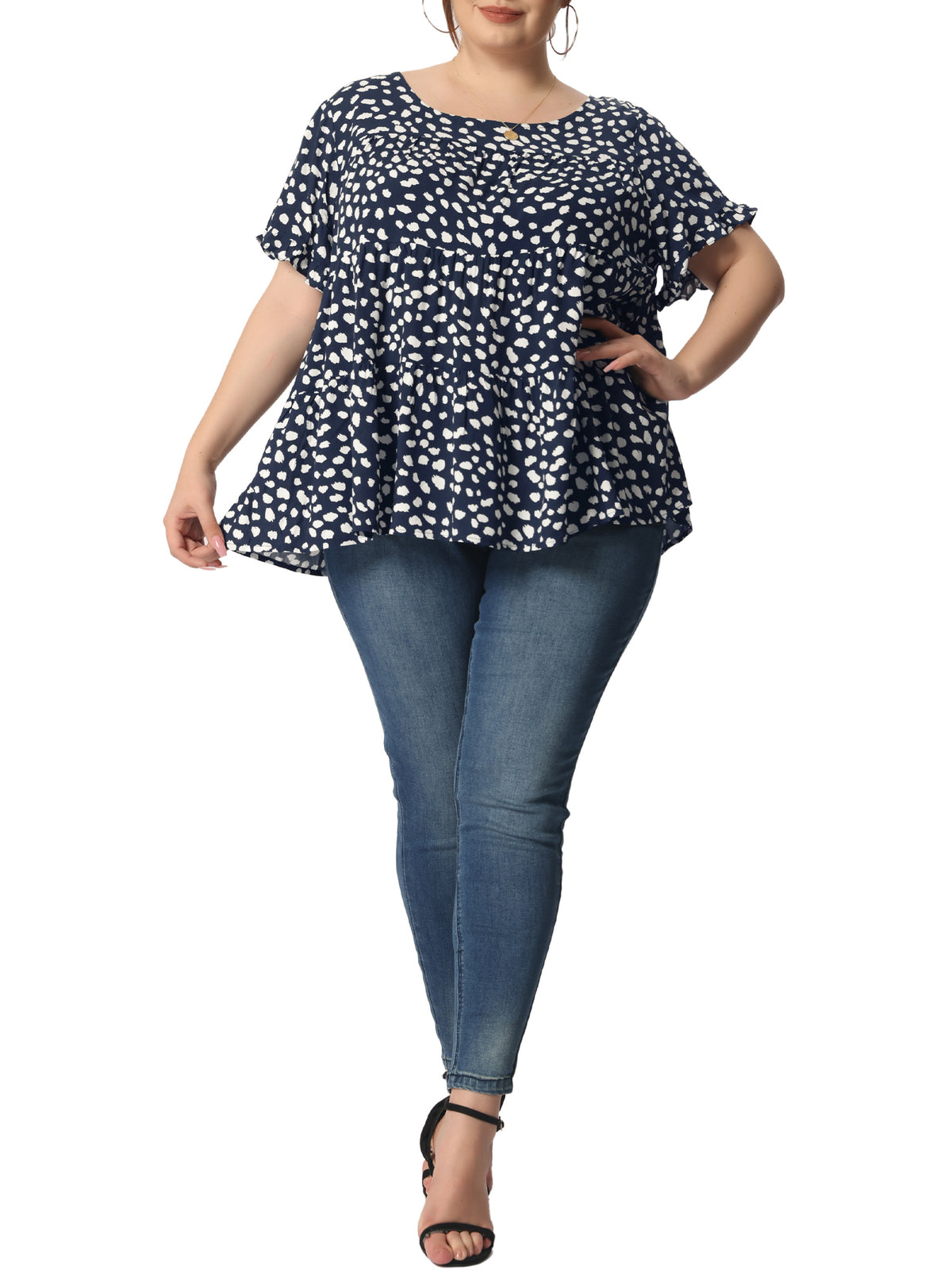[PACK SALES] Women's Plus Size 2 Pieces Polka Dots Blouses Summer Round Neck Ruffle Sleeve Casual Tiered Peplum Top