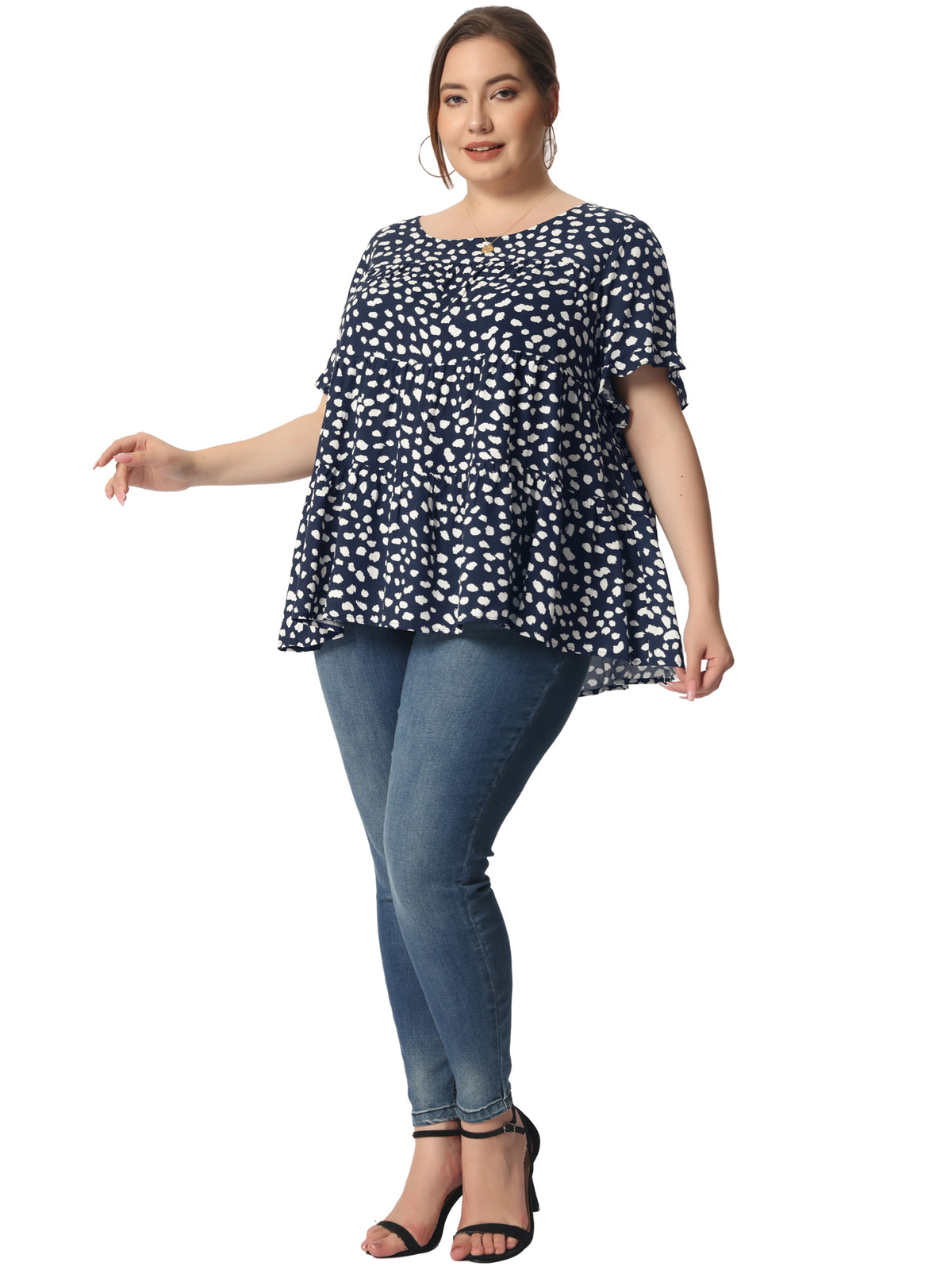 [PACK SALES] Women's Plus Size 2 Pieces Polka Dots Blouses Summer Round Neck Ruffle Sleeve Casual Tiered Peplum Top