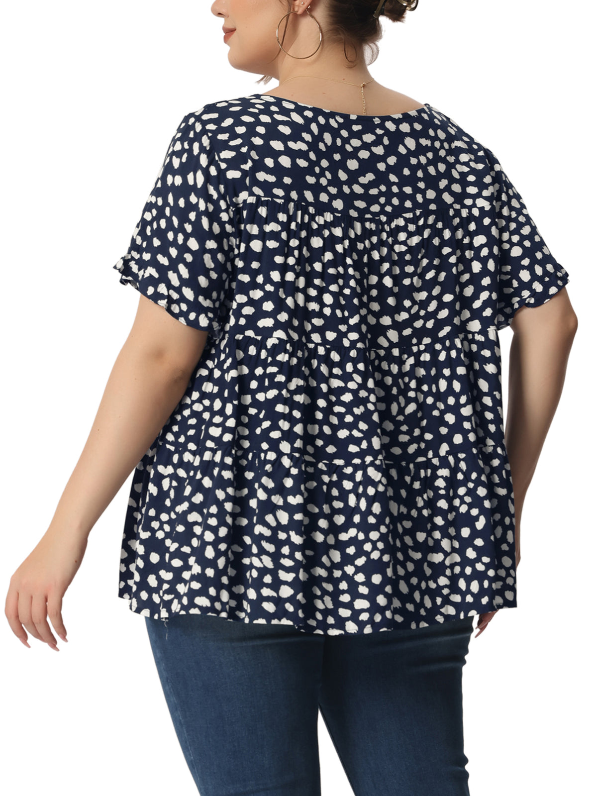 [PACK SALES] Women's Plus Size 2 Pieces Polka Dots Blouses Summer Round Neck Ruffle Sleeve Casual Tiered Peplum Top