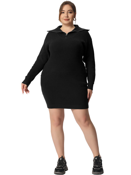 Women's Plus Size Casual Zip Up Long Sleeve Knit Sweater Dress Foldover Collar Loose Pullover Jumper Sweater