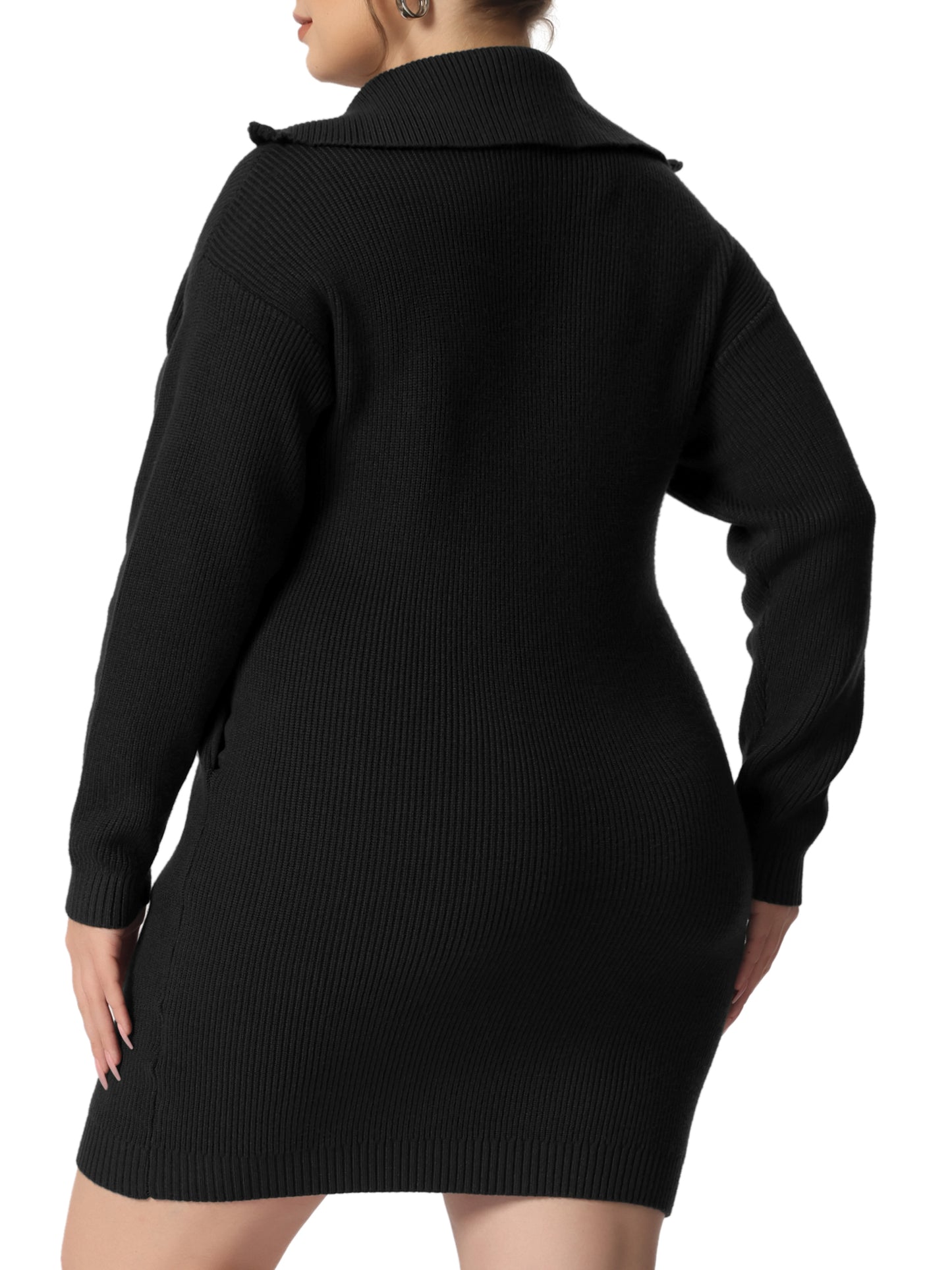 Women's Plus Size Casual Zip Up Long Sleeve Knit Sweater Dress Foldover Collar Loose Pullover Jumper Sweater