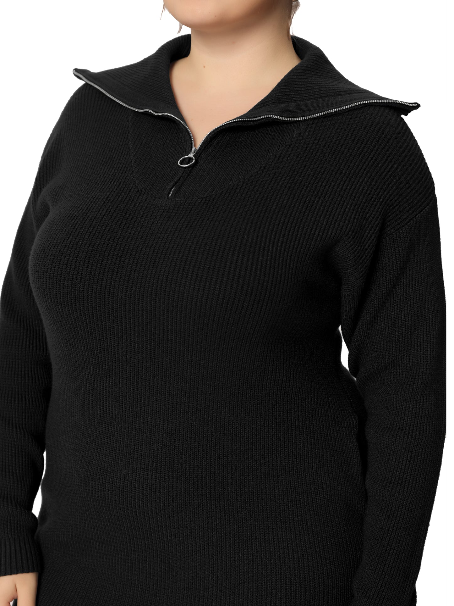 Women's Plus Size Casual Zip Up Long Sleeve Knit Sweater Dress Foldover Collar Loose Pullover Jumper Sweater
