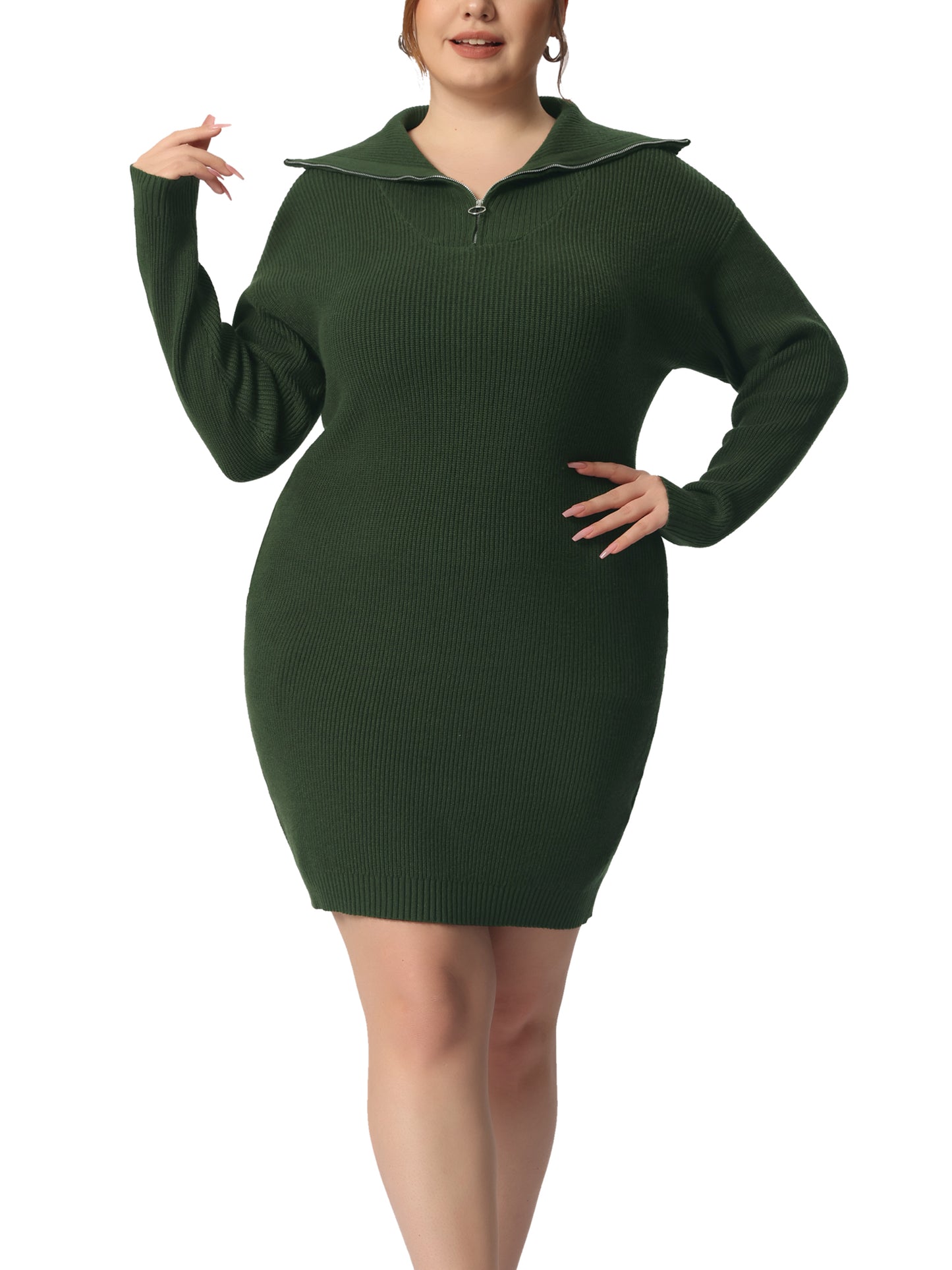 Women's Plus Size Casual Zip Up Long Sleeve Knit Sweater Dress Foldover Collar Loose Pullover Jumper Sweater