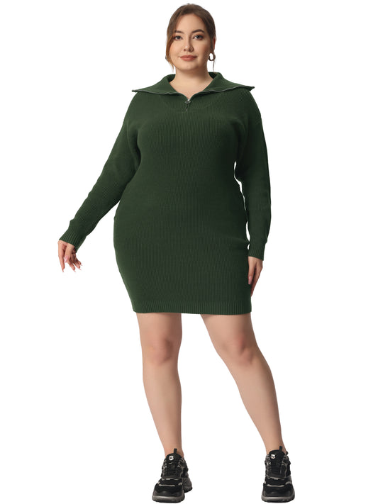 Women's Plus Size Casual Zip Up Long Sleeve Knit Sweater Dress Foldover Collar Loose Pullover Jumper Sweater